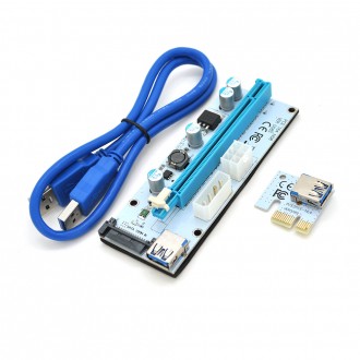 Riser PCI-EX, x1 => x16, 4-pin / 6-pin / Sata, USB 3.0 AM-AM 0,6 м (синій), конд. Київ. фото 1 Riser PCI-EX, x1 => x16, 4-pin / 6-pin / Sata, USB 3.0 AM-AM 0,6 м (синій), конд. Київ. фото 1