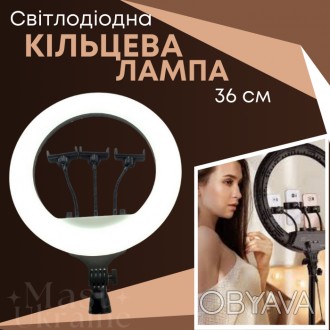 Кольцевая профессиональная светодиодная LED лампа с тремя держателями для телефо. . фото 1