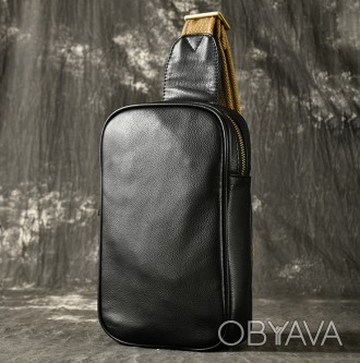 Кожаная мужская сумка бананка нагрудная, барсетка из натуральной кожи черная на . . фото 1