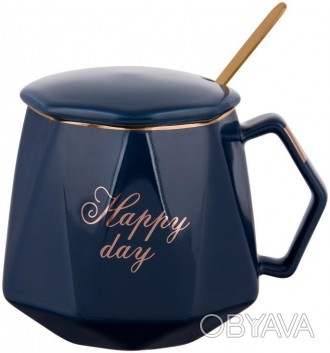 Фарфоровая кружка Coffee Prelude с золотой надписью "Happy Day" и тонким золотым. . фото 1