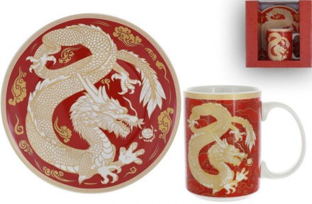 Кружка с десертной тарелкой "Золотой Дракон на красном" - чайная фарфоровая пара. . фото 3