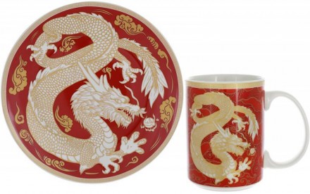 Кружка с десертной тарелкой "Золотой Дракон на красном" - чайная фарфоровая пара. . фото 2