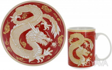 Кружка с десертной тарелкой "Золотой Дракон на красном" - чайная фарфоровая пара. . фото 1