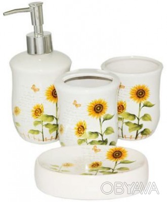 Керамический набор "Подсолнухи" для ванной комнаты. Цвет - белый, с рисунком цве. . фото 1