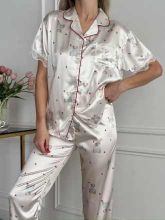Женская пижама Шелковая Армани тройка рубашка шорты и штаны для девушек Домашний. . фото 7