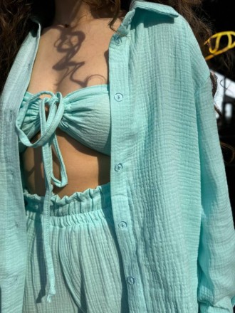 Женский летний муслиновый костюм тройка рубашка+топ+брюки оверсайз Комплект на л. . фото 7