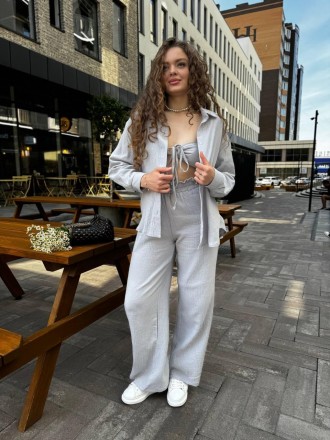 Женский летний муслиновый костюм тройка рубашка+топ+брюки оверсайз Комплект на л. . фото 10