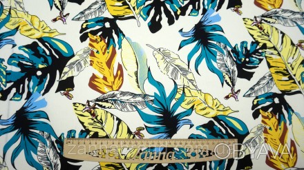  Ткань стрейч-коттон цвет молочный "Тропические листья" - легкая, плотная, доста. . фото 1