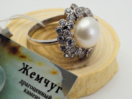 Кольцо серебряное с натуральным жемчугом и цирконием 925 пробы, Украинского прои. . фото 2