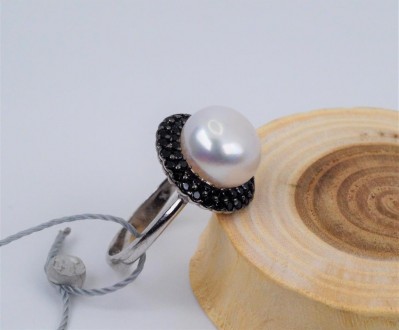 Кольцо серебряное "Грация" с белым жемчугом и черными циркониями 925 пробы, Укра. . фото 5