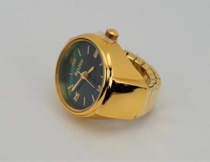 Часы-кольцо на палец кварцевые золотые, с зеленым циферблатом и растягивающимся . . фото 3