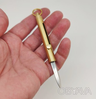 Брелок нож, латунь/металл. Размеры: общая длина 8,50 см.(с кольцом), ширина 0,97. . фото 1