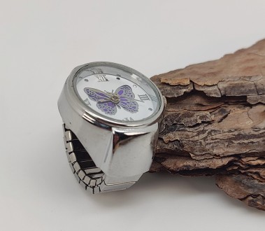 Годинник-кільце на палець кварцові сталевий, з білим циферблатом і ремінцем, що . . фото 2