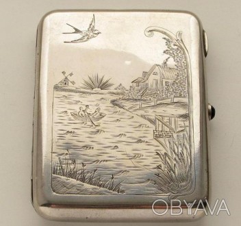 Портсигар "Катание на реке ", серебро 875 пробы. СССР 1927-1958 г. . фото 1