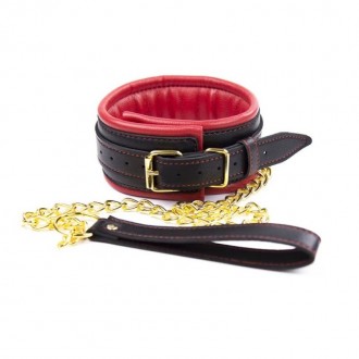Красный ошейник с золотистым поводком Leather Neck Collar With Chain Leash – сти. . фото 3