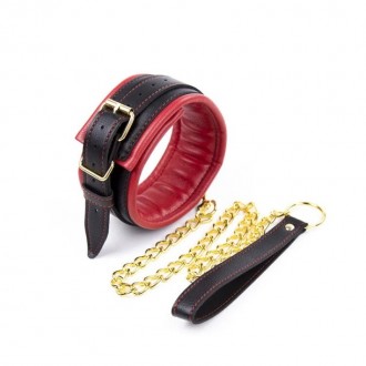 Красный ошейник с золотистым поводком Leather Neck Collar With Chain Leash – сти. . фото 2