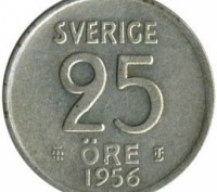 Швеція › Король Густав VI Адольф 25 ере, 1952-1961 срібло. . фото 2