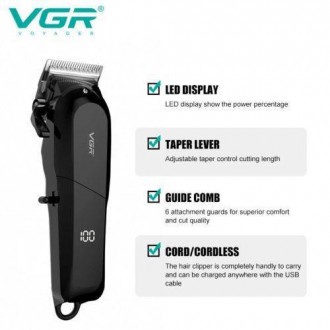 Машинка (тример) для стриження волосся й бороди VGR V-118, Professional, 4 насад. . фото 6