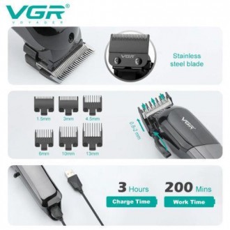 Машинка (тример) для стриження волосся й бороди VGR V-118, Professional, 4 насад. . фото 5