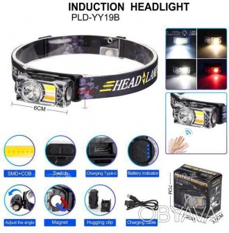 Ліхтар налобний YY-19B-3SMD+2COB (white+yellow+red), Motion Sensor, Li-Ion акум.. . фото 1