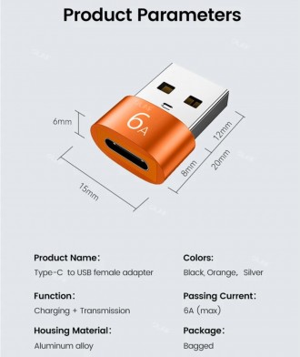 Перехідник з USB 3,0 на Type C OTG 6A, перехідник з USB C «мама» на USB «тато, а. . фото 3