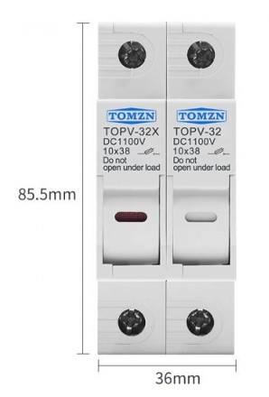 Держатели двух предохранителей TOMZN 2P PV, max32A, DC 1100V, 10x38mm.Держатели . . фото 3