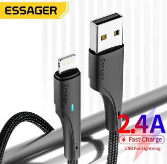 Зарядний кабель 2 м. Essager (USB/-ALightning) 2.4 А 480 Mbps чорний.
Швидке та . . фото 3