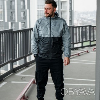 Мужская ветровка Мемори легкая куртка спортивная с капюшоном весна-осень серо-че