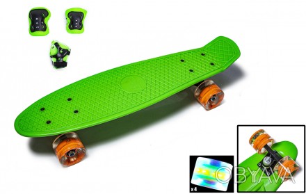 Набор СкейтБорд Penny Board. Green + защитная экипировка. Колеса светятся при ка. . фото 1