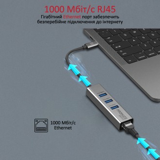 USB-C хаб 4-в-1 Promate GigaHub-C 3xUSB 3.0/RJ45 Підключай Ethernet кабель, флеш. . фото 4