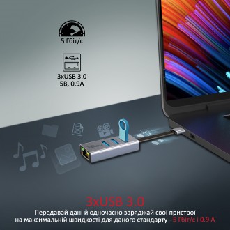 USB-C хаб 4-в-1 Promate GigaHub-C 3xUSB 3.0/RJ45 Підключай Ethernet кабель, флеш. . фото 3