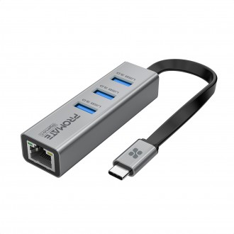 USB-C хаб 4-в-1 Promate GigaHub-C 3xUSB 3.0/RJ45 Підключай Ethernet кабель, флеш. . фото 2