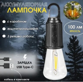 Светодиодная LED лампочка с аккумулятором, карабином и зарядкой от USB, лампочка. . фото 3