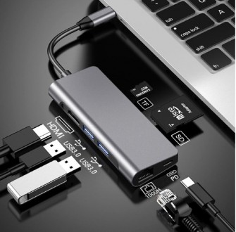 Док-станція ProLogix PR-WUC-105B 7-в-1 (Type C to HDMI+2*USB 3.0+PD+Lan+TF+SD) Р. . фото 6