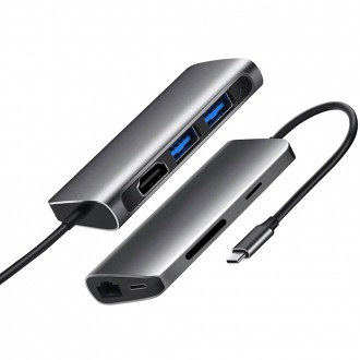 Док-станція ProLogix PR-WUC-105B 7-в-1 (Type C to HDMI+2*USB 3.0+PD+Lan+TF+SD) Р. . фото 3