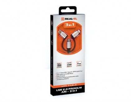 REAL-EL USB 2.0 Premium AM- 3 in 1 універсальний кабель для підключення micro US. . фото 5