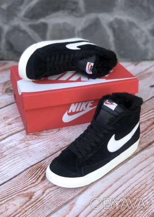 Кроссовки зимние мужские черные Nike Blazer Black White Winter Fur (09798)