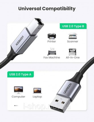 Якісний кабель UGREEN US369 USB-A Male to USB-B 2.0 Printer Cable Alu Case with . . фото 8