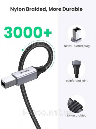 Якісний кабель UGREEN US369 USB-A Male to USB-B 2.0 Printer Cable Alu Case with . . фото 4