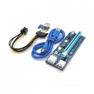 Riser PCI-EX, x1=>x16, 6-pin, SATA=>6Pin, USB 3.0 AM-AM 0,6 м (синій), конденсат. Київ. фото 1 Riser PCI-EX, x1=>x16, 6-pin, SATA=>6Pin, USB 3.0 AM-AM 0,6 м (синій), конденсат. Київ. фото 1