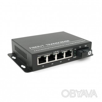 Медіаконвертор ONV-0110S-SCX-S4-A являє собою пристрій з чотирма портами RJ45 10. . фото 1