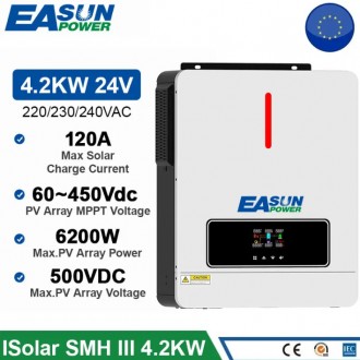 Гібридний інвертор EUSUN 4.2Kw 24V 120A MPPT
Модель ISOLAR-SMH-|||-4.2KW.
Гібрид. . фото 2