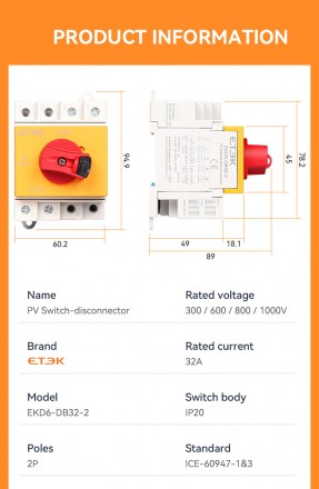 Вимикач на DIN-рейці ізолятор для сонячних панелей 32A до 1000V.
Ліцензійний Кит. . фото 6