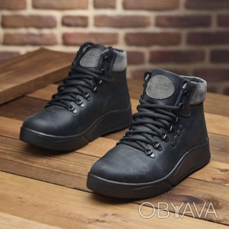 Зимние кожаные спортивные ботинки, кроссовки на меху Nubuck Black