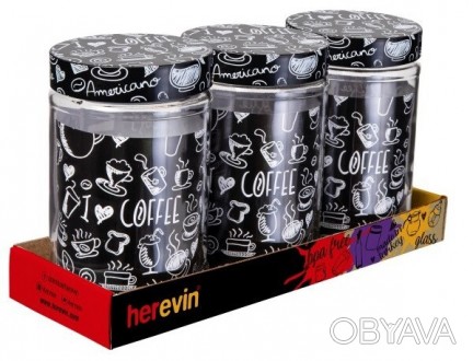 Краткое описание:
Набір банок 3 шт HEREVIN Coffee. Об'єм: 0.66 л. Матеріал: скло. . фото 1