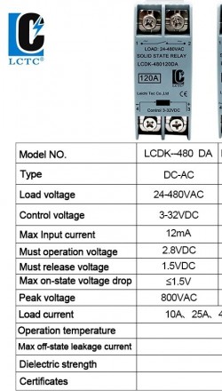 Твердотареле dc/ac 120 амперів.
Ліцензійний Китай LCDK-480 DA.
Реле перемикання.. . фото 5