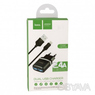 Сетевое зарядное устройство Hoco C12, Cable Lightning, Black