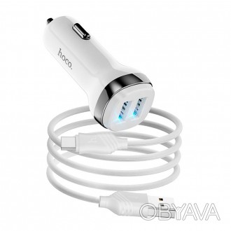 Набор АЗУ 12-24V HOCO Z40+ кабель Type-C, 2xUSB, 2.4A, кабель 1м, White, Box. . фото 1