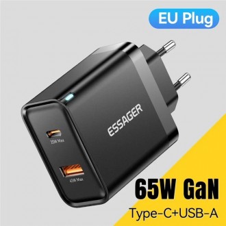 ESSAGER 65W GaN Travel Charger Type-C + Type-A - сетевое зарядное устройство, ра. . фото 3