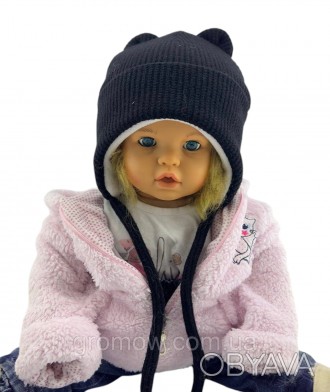 Детская вязаная шапка теплая с флисом на завязках детские головные уборы черный